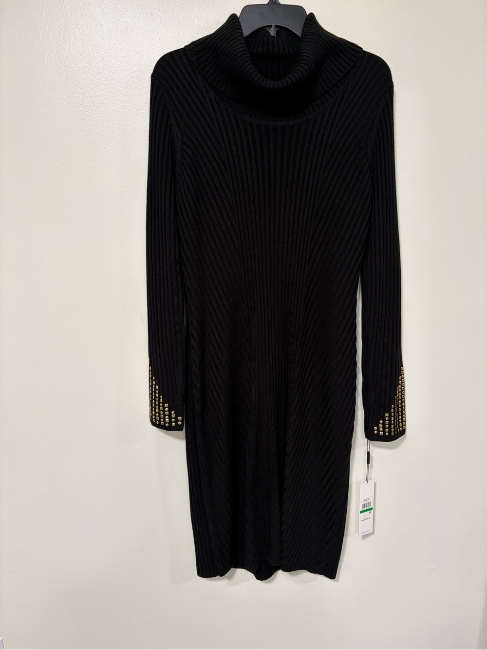 Calvin Klein Black Ribbed Turtleneck Long Sleeve Dress with Gold Stud Cuffs